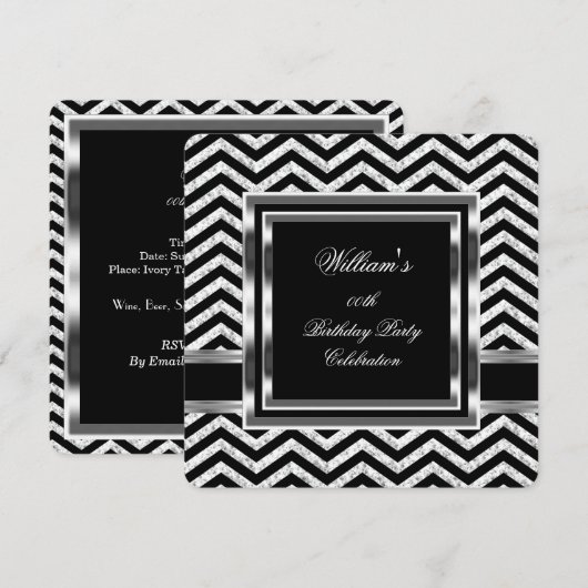 Elegant Chevron Black Silver Birthday Party Mannen Kaart (Voorkant / Achterkant)