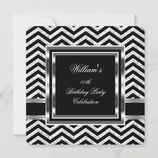 Elegant Chevron Black Silver Birthday Party Mannen Kaart (Voorkant)
