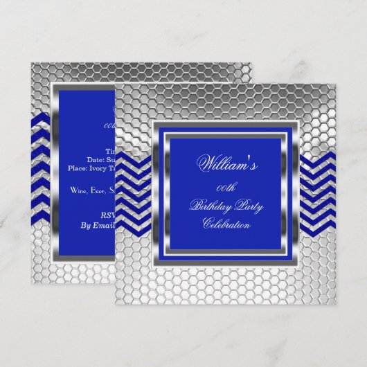 Elegant Chevron Blue Silver Birthday Party Mannen Kaart (Voorkant / Achterkant)