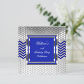 Elegant Chevron Blue Silver Birthday Party Mannen Kaart (Staand voorkant)