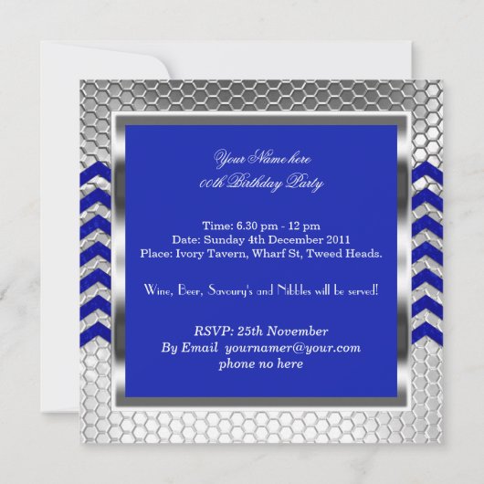 Elegant Chevron Blue Silver Birthday Party Mannen Kaart (Achterkant)