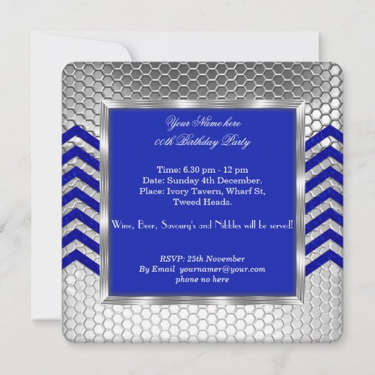 Elegant Chevron Blue Silver Birthday Party Mannen  Kaart (Achterkant)