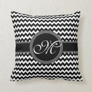 Elegant Chevron Chic Black en White Monogram Kussen