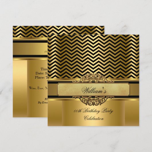 Elegant Chevron Gold Black Stripe Birthday Party Kaart (Voorkant / Achterkant)
