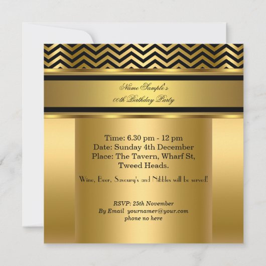 Elegant Chevron Gold Black Stripe Birthday Party Kaart (Achterkant)