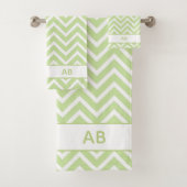 Elegant Chevron Pattern & Monogram on Sage Green Bad Handdoek (Insitu)