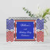 Elegant Chevron Red Blue Silver Birthday Party Kaart (Staand voorkant)