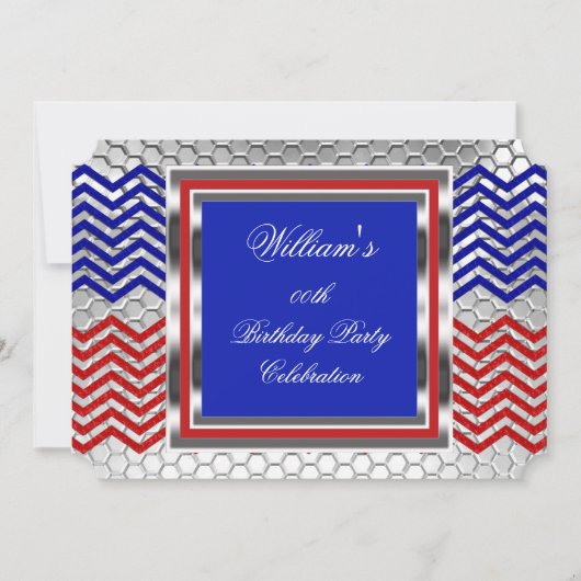 Elegant Chevron Red Blue Silver Birthday Party Kaart (Voorkant)