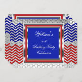 Elegant Chevron Red Blue Silver Birthday Party Kaart (Voorkant / Achterkant)