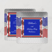 Elegant Chevron Red Blue Silver Birthday Party Kaart (Voorkant / Achterkant)