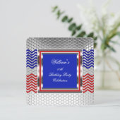 Elegant Chevron Red Blue Silver Birthday Party Kaart (Staand voorkant)