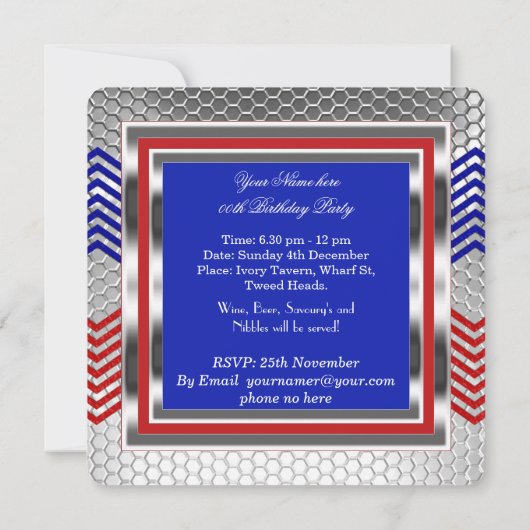 Elegant Chevron Red Blue Silver Birthday Party Kaart (Achterkant)