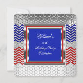 Elegant Chevron Red Blue Silver Birthday Party Kaart (Voorkant)