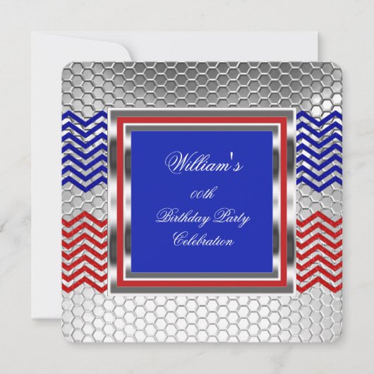 Elegant Chevron Red Blue Silver Birthday Party Kaart (Voorkant)