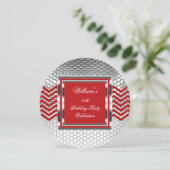 Elegant Chevron Red Silver Birthday Party Mannen Kaart (Staand voorkant)