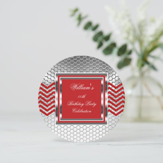 Elegant Chevron Red Silver Birthday Party Mannen Kaart (Staand voorkant)