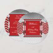 Elegant Chevron Red Silver Birthday Party Mannen Kaart (Voorkant / Achterkant)