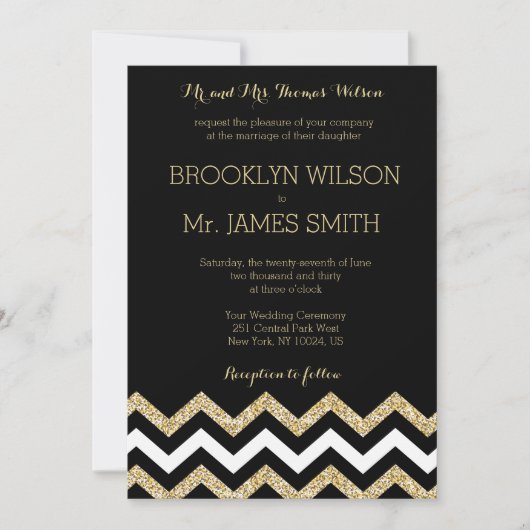 Elegant Chevron Wedding nodigt Black Gold White ui Kaart (Voorkant)