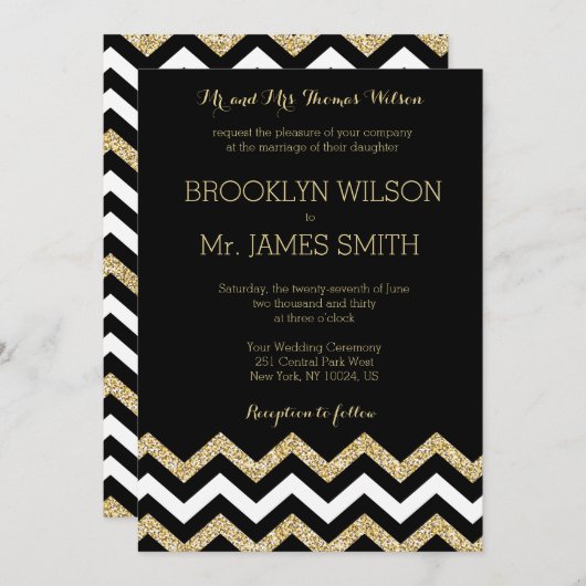 Elegant Chevron Wedding nodigt Black Gold White ui Kaart (Voorkant / Achterkant)