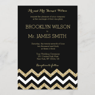 Elegant Chevron Wedding nodigt Black Gold White ui Kaart