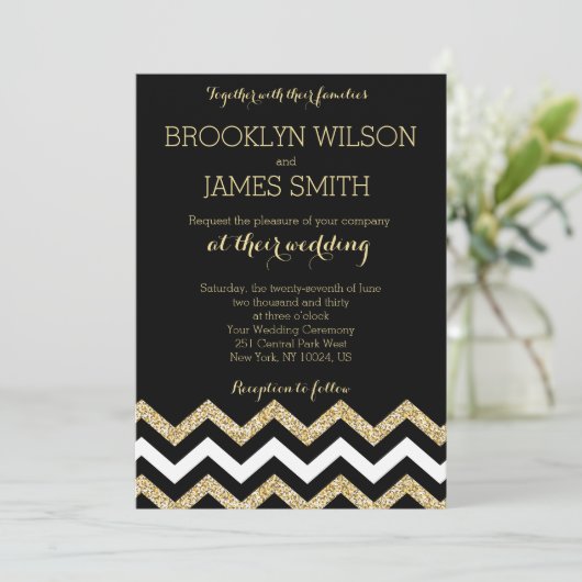 Elegant Chevron Wedding nodigt goud en zwart uit Kaart (Staand voorkant)
