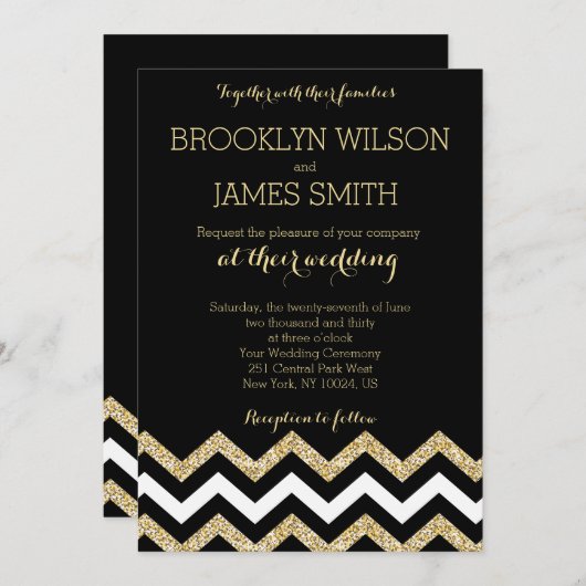 Elegant Chevron Wedding nodigt goud en zwart uit Kaart (Voorkant / Achterkant)