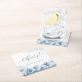 Elegant chew script dusty blue floral bruiloft kartonnen onderzetters (Insitu)