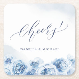 Elegant chew script dusty blue floral bruiloft kartonnen onderzetters