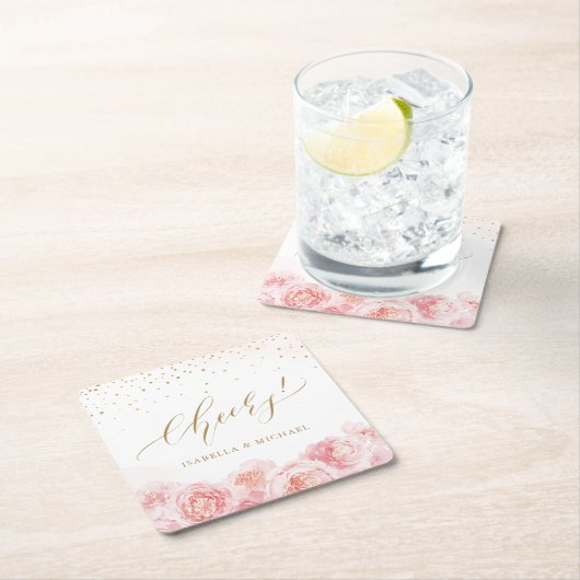 Elegant chew script gold & blush floral bruiloft kartonnen onderzetters (Insitu)