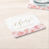 Elegant chew script gold & blush floral bruiloft kartonnen onderzetters (Schuin)