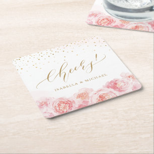 Elegant chew script gold & blush floral bruiloft kartonnen onderzetters