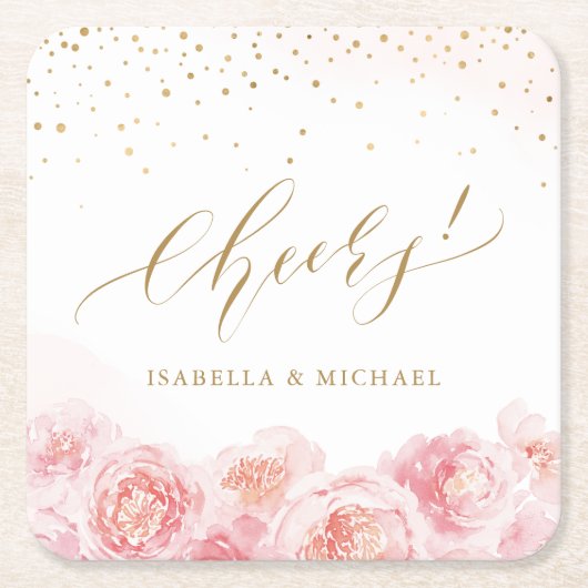 Elegant chew script gold & blush floral bruiloft kartonnen onderzetters (Voorkant)