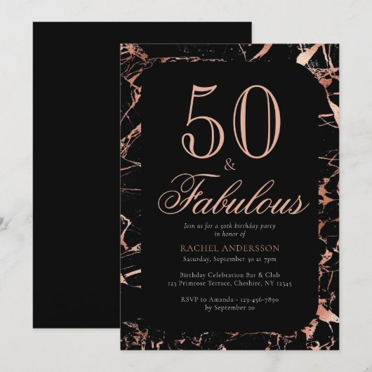 Elegant Chic 50th Birthday Roos Gold Black Party Kaart (Voorkant / Achterkant)