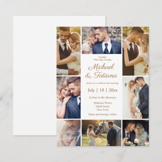 elegant chic 8 foto ' s collage bruine bruiloft kaart (Voorkant / Achterkant)