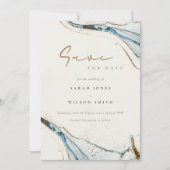 Elegant Chic Abstract Waterverf Blue Gold Beachy Save The Date (Voorkant)