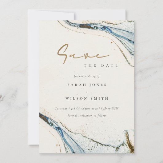 Elegant Chic Abstract Waterverf Blue Gold Beachy Save The Date (Voorkant)