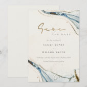 Elegant Chic Abstract Waterverf Blue Gold Beachy Save The Date (Voorkant / Achterkant)