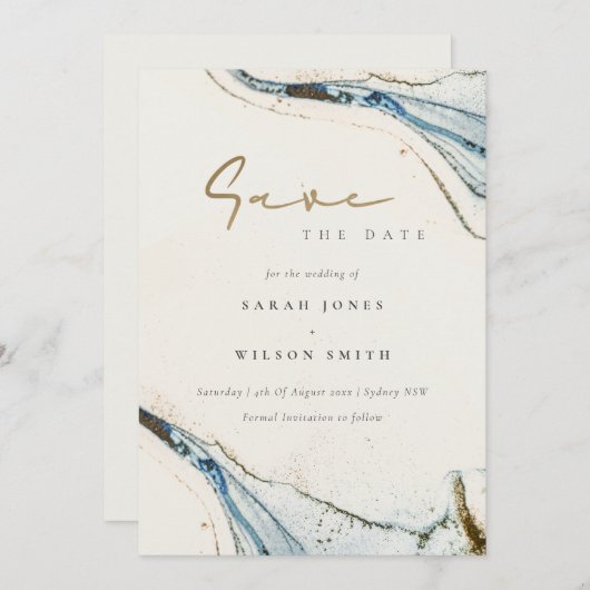 Elegant Chic Abstract Waterverf Blue Gold Beachy Save The Date (Voorkant / Achterkant)