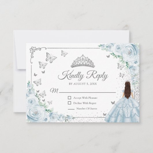 Elegant Chic Baby Blue Silver Quinceanera Reply RSVP Kaartje (Voorkant)