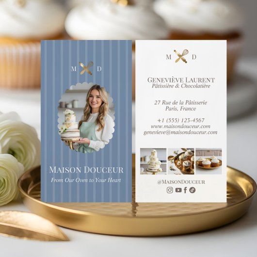 Elegant Chic Bakery Stripes & Gold Whisk Photo Visitekaartje
