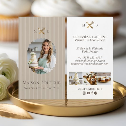 Elegant Chic Bakery Stripes & Gold Whisk Photo Visitekaartje