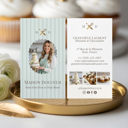 Elegant Chic Bakery Stripes & Gold Whisk Photo  Visitekaartje