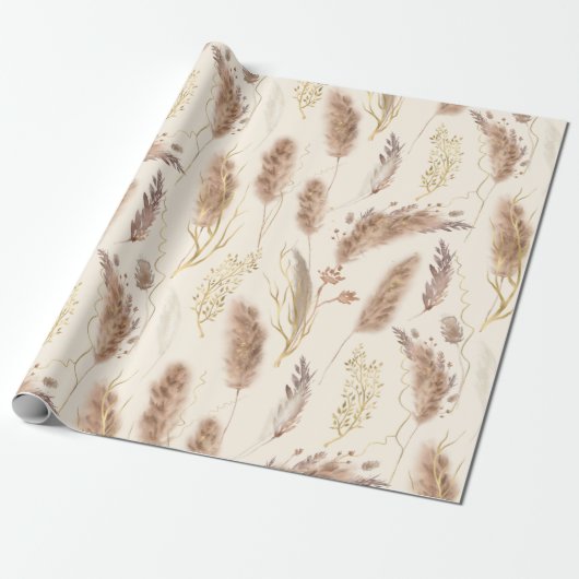 Elegant Chic Beige Golden Pampas Grass Pattern Cadeaupapier (Uitgerold)