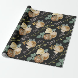 Elegant Chic Beige Rozen Floral on Black Cadeaupapier