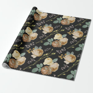 Elegant Chic Beige Rozen Floral on Black Cadeaupapier