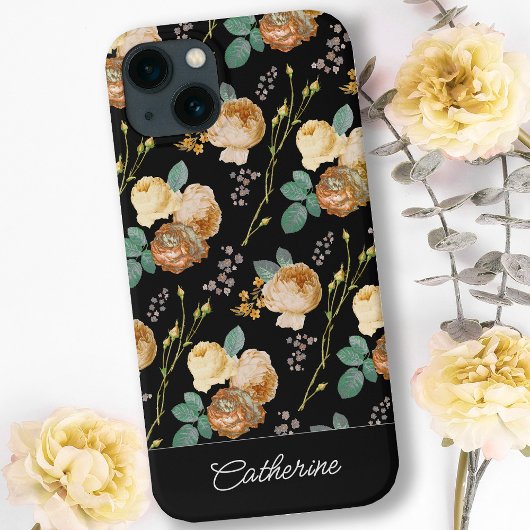 Elegant Chic Beige Rozen Floral on Black Case-Mate iPhone Case