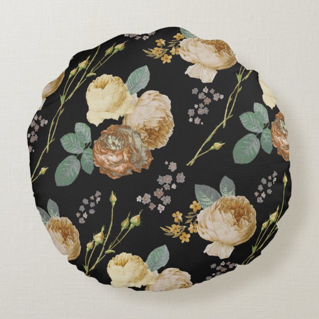 Elegant Chic Beige Rozen Floral on Black Rond Kussen (Achterkant)