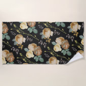 Elegant Chic Beige Rozen Floral on Black Strandlaken (Voorkant)