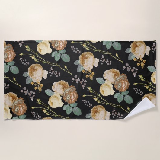 Elegant Chic Beige Rozen Floral on Black Strandlaken (Voorkant)