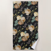 Elegant Chic Beige Rozen Floral on Black Strandlaken (Voorkant)